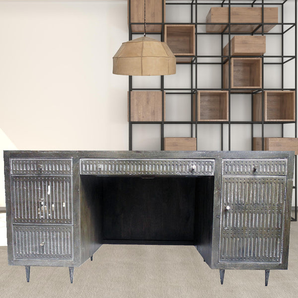 Homeroots 64" Brown And Silver Solid Wood Executive Desk With Five Drawers   489189