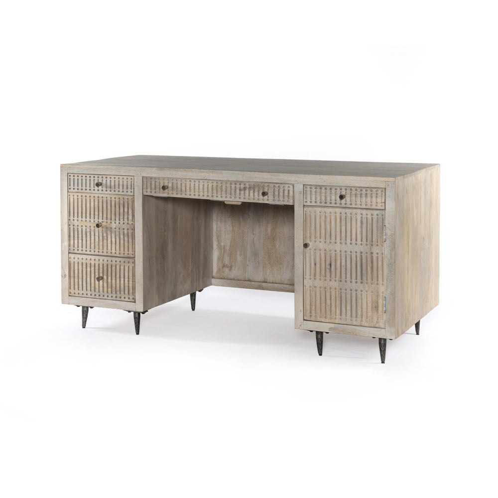 Homeroots 64" Ivory And Silver Solid Wood Executive Desk With Five Drawers   489190