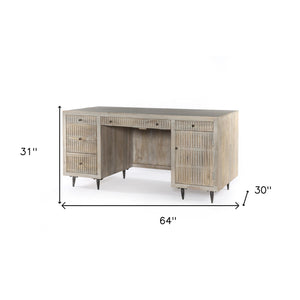 Homeroots 64" Ivory And Silver Solid Wood Executive Desk With Five Drawers   489190