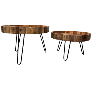 Homeroots Set Of Two Black And Natural Brown Solid Wood And Iron Round End Tables   489192