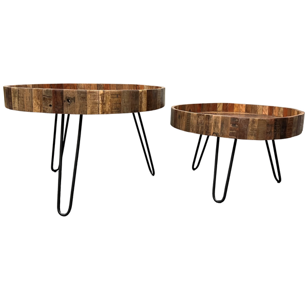 Homeroots Set Of Two Black And Natural Brown Solid Wood And Iron Round End Tables   489192