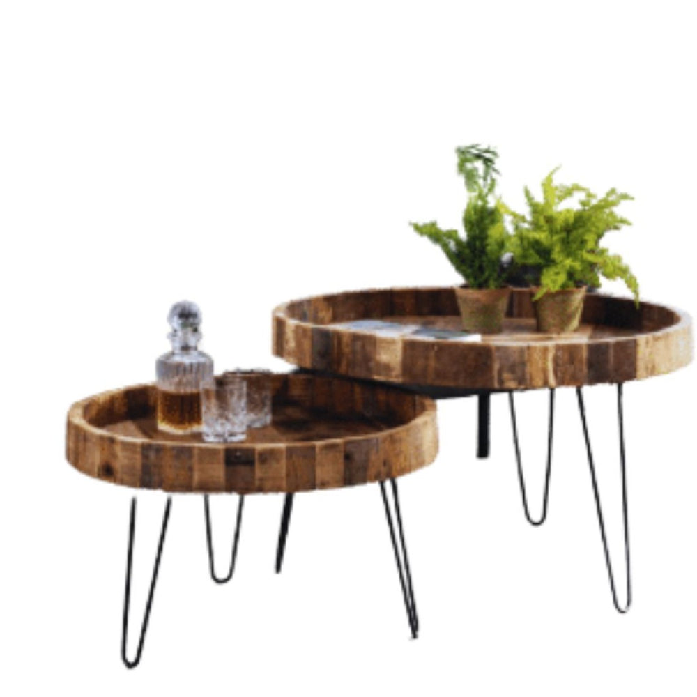 HomeRoots Set of Two Industrial-Rustic Round End Tables with Natural Wood Tops and Black Iron Frames 489192