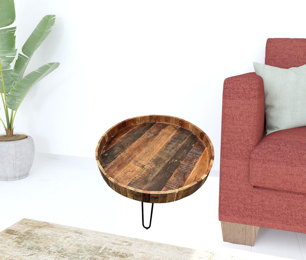 HomeRoots Set of Two Industrial-Rustic Round End Tables with Natural Wood Tops and Black Iron Frames 489192