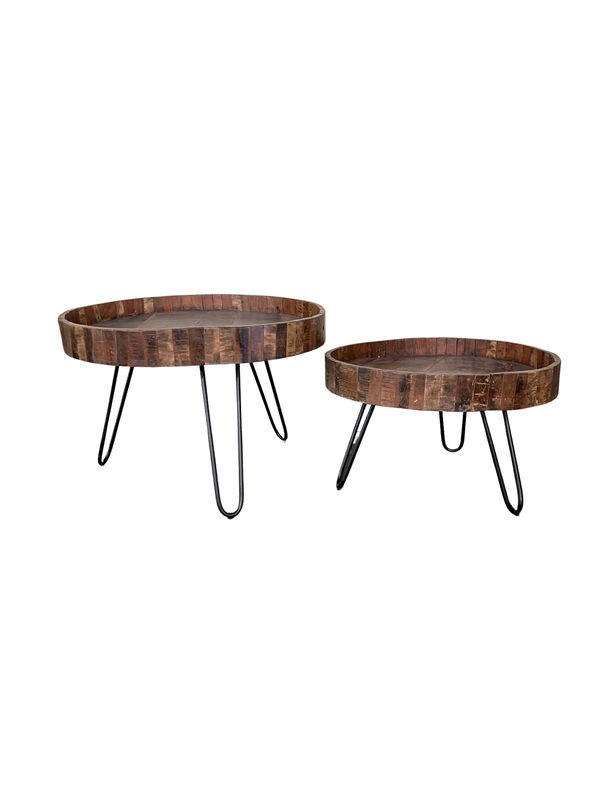 Homeroots Set Of Two Black And Natural Brown Solid Wood And Iron Round End Tables   489192