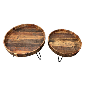 Homeroots Set Of Two Black And Natural Brown Solid Wood And Iron Round End Tables   489192