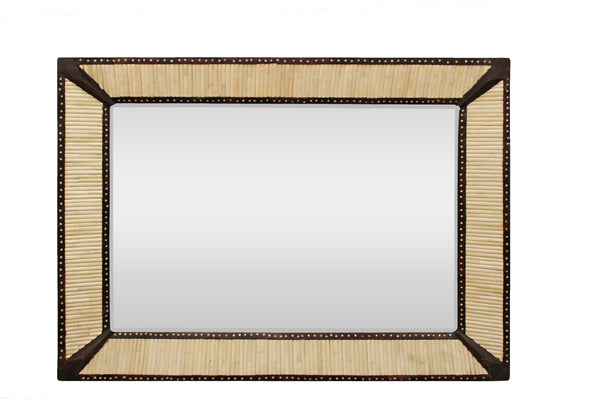 Homeroots 30" Natural And Brown Metal And Bone Inlay Framed Accent Mirror   489206