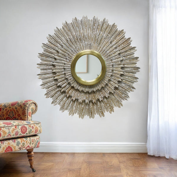 Homeroots 44" Antiqued Gold Sunburst Wood And Metal Framed Accent Mirror  Metal 489207