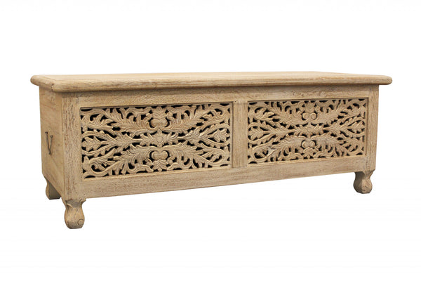 Homeroots 46" Antique White Solid Carved Wood Scroll Bench With Flip Top  Solid Wood 489210