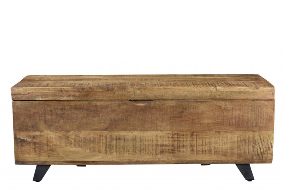 HomeRoots 46" Rustic Brown and Black Distressed Wood Storage Bench with Flip-Top for Entryway or Hallway 489211