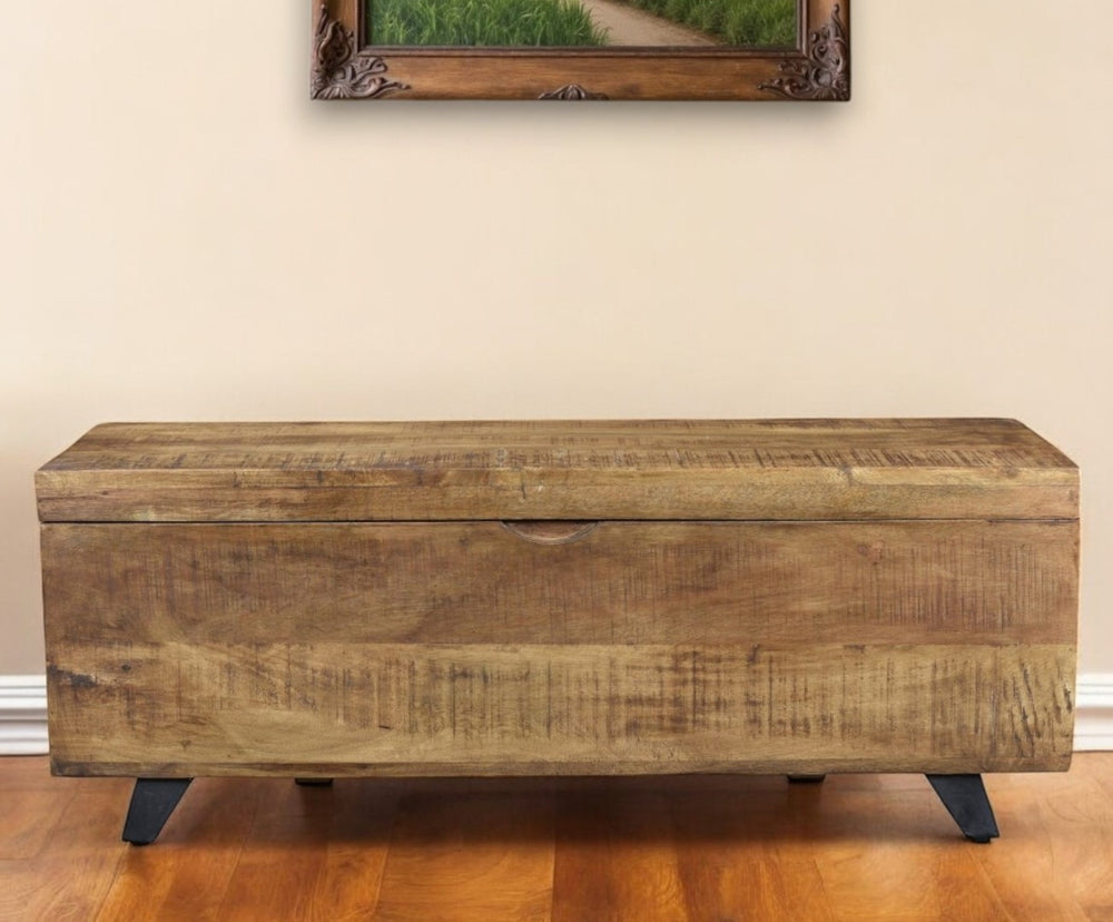 HomeRoots 46" Rustic Brown and Black Distressed Wood Storage Bench with Flip-Top for Entryway or Hallway 489211