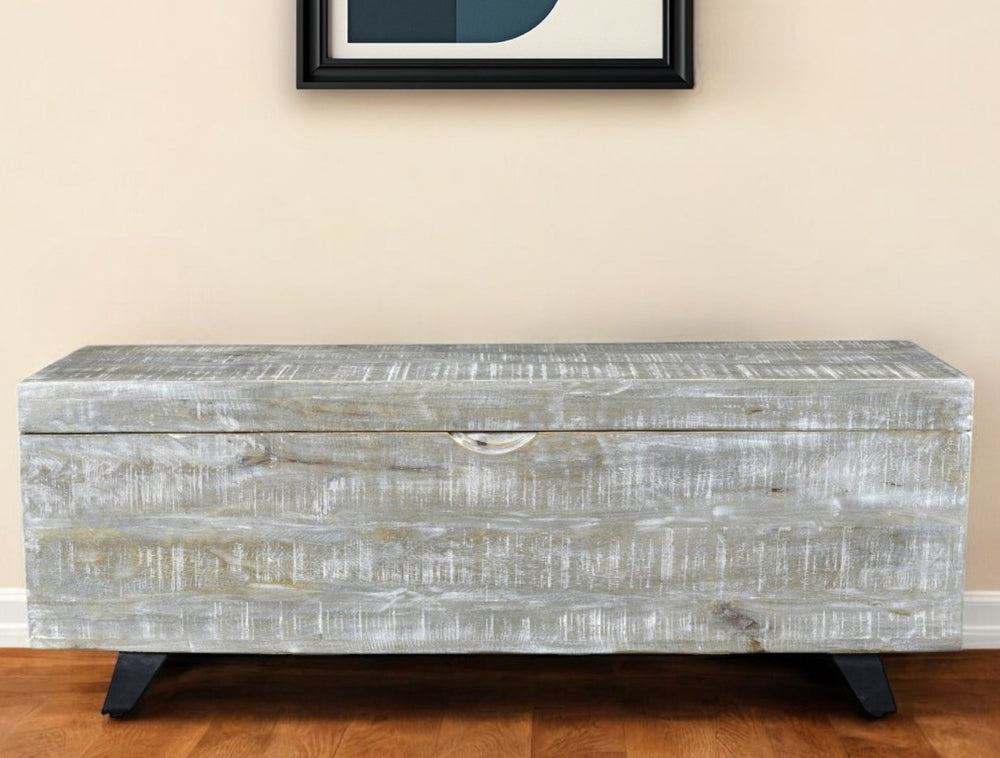 HomeRoots 46" Gray and Black Distressed Solid Wood Storage Bench with Flip-Top for Stylish Clutter Control 489212