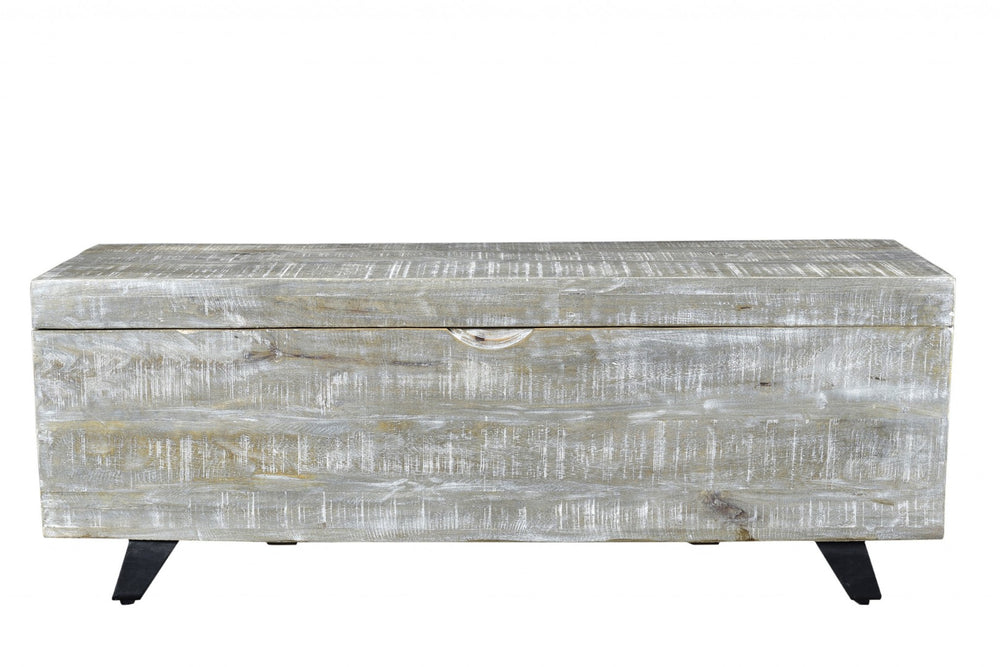 HomeRoots 46" Gray and Black Distressed Solid Wood Storage Bench with Flip-Top for Stylish Clutter Control 489212