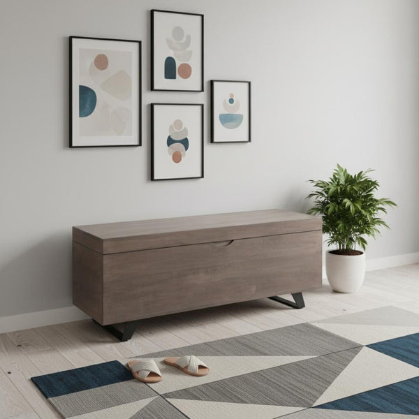 HomeRoots 46" Solid Wood Entryway Bench with Flip-Top Storage, Modern Rustic Design & Sturdy Iron Base 489213