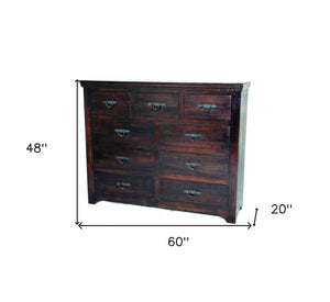 Homeroots 60" Brown Solid Wood Nine Drawer Double Dresser  Solid Wood 489216