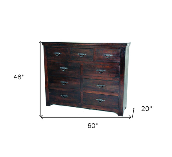 Homeroots 60" Brown Solid Wood Nine Drawer Double Dresser  Solid Wood 489216