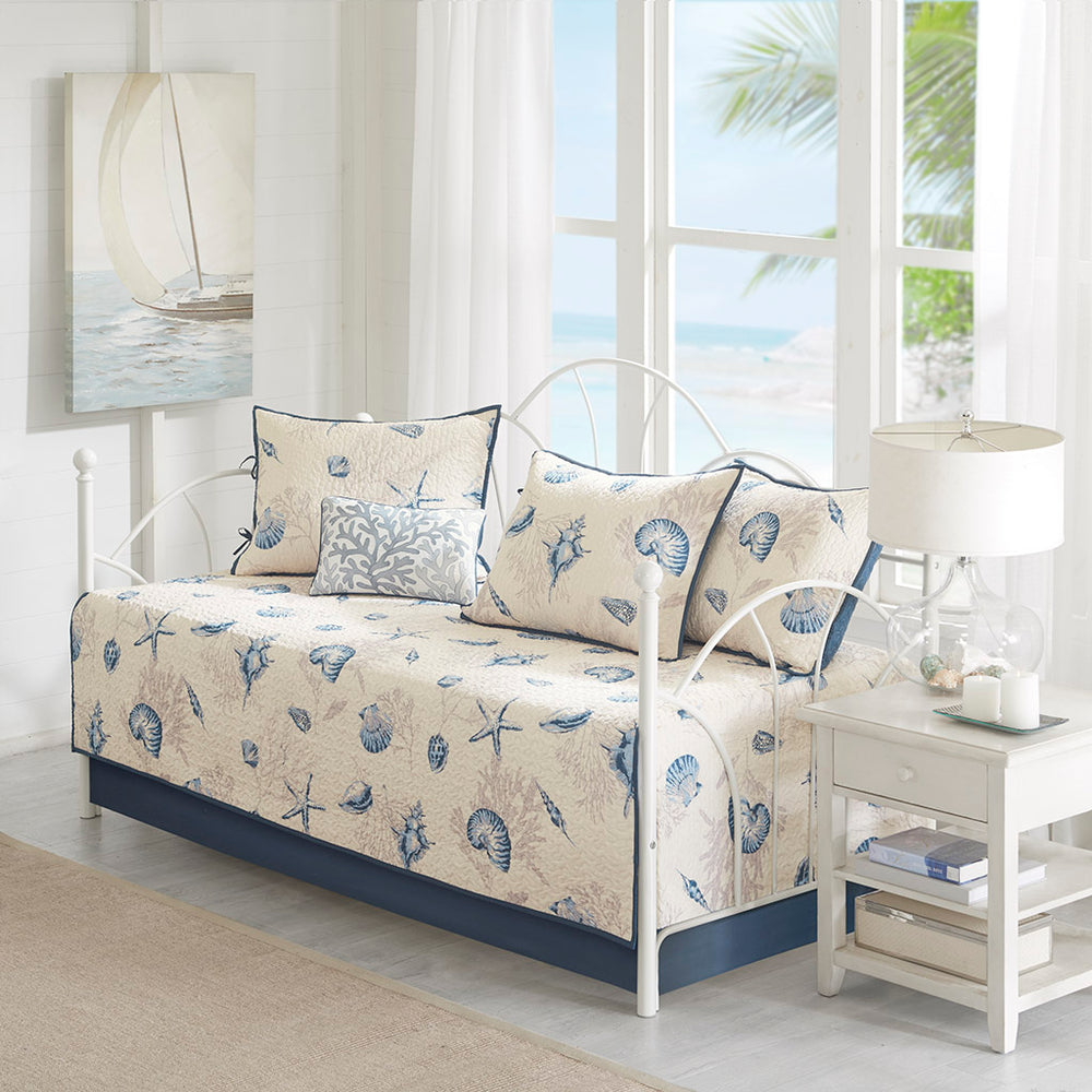 JLA Home Madison Park - 6 Piece Reversible Printed Microfiber Daybed Cover Set - Coastal Quilted Twin Bedding, Shams, Skirt, Pillow MP13-4474