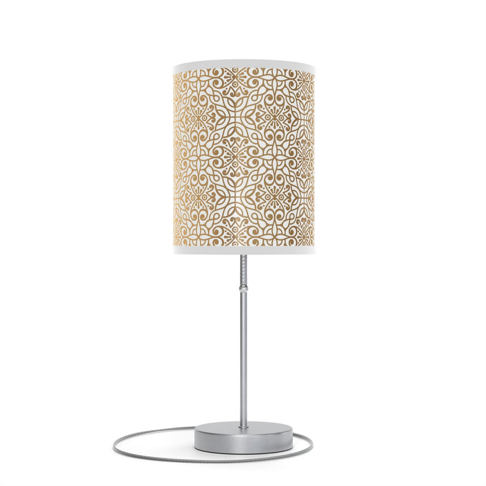 Homeroots 20" Silver Metal Table Lamp With White And Gold Scroll Cylinder Shade   489255