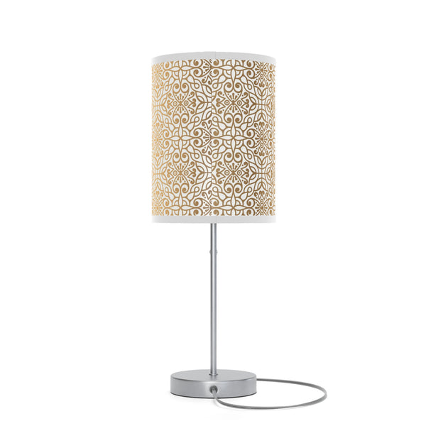 Homeroots 20" Silver Metal Table Lamp With White And Gold Scroll Cylinder Shade   489255