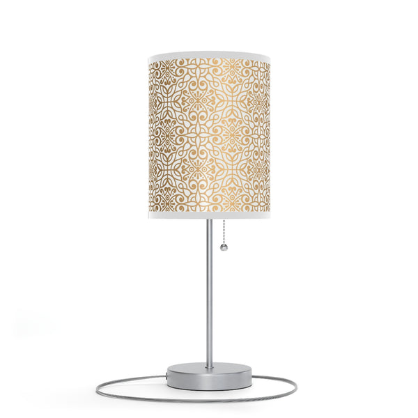 Homeroots 20" Silver Metal Table Lamp With White And Gold Scroll Cylinder Shade   489255
