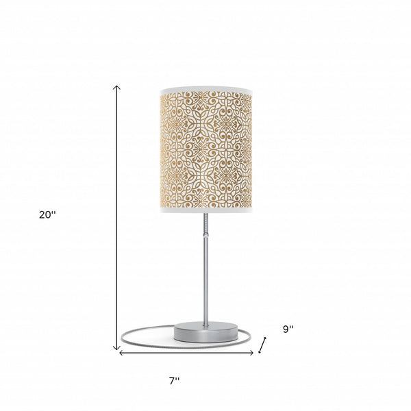 Homeroots 20" Silver Metal Table Lamp With White And Gold Scroll Cylinder Shade   489255