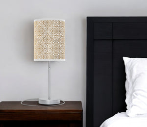 Homeroots 20" Silver Metal Table Lamp With White And Gold Scroll Cylinder Shade   489255