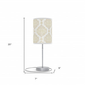 Homeroots 20" Silver Metal Table Lamp With White And Gold Scroll Cylinder Shade   489256