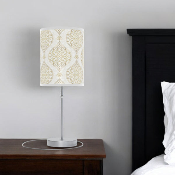 Homeroots 20" Silver Metal Table Lamp With White And Gold Scroll Cylinder Shade   489256