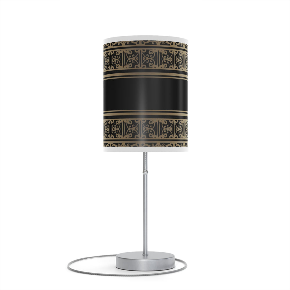 Homeroots 20" Silver Table Lamp With Black And Gold Striped Scroll Cylinder Shade   489258