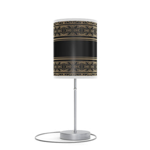 Homeroots 20" Silver Table Lamp With Black And Gold Striped Scroll Cylinder Shade   489258