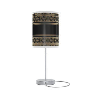 Homeroots 20" Silver Table Lamp With Black And Gold Striped Scroll Cylinder Shade   489258