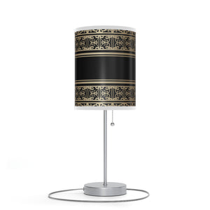 Homeroots 20" Silver Table Lamp With Black And Gold Striped Scroll Cylinder Shade   489258