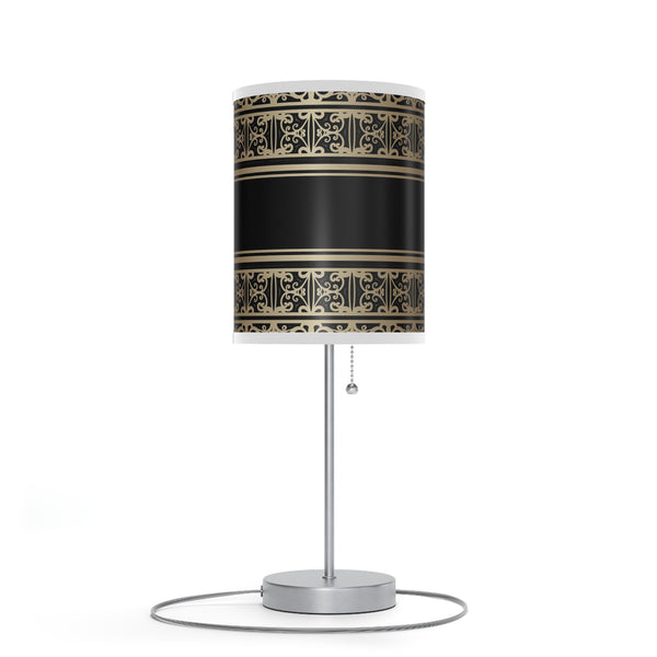 Homeroots 20" Silver Table Lamp With Black And Gold Striped Scroll Cylinder Shade   489258