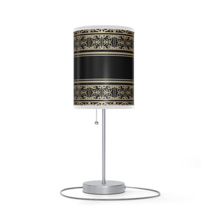 Homeroots 20" Silver Table Lamp With Black And Gold Striped Scroll Cylinder Shade   489258
