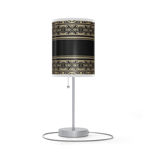 Homeroots 20" Silver Table Lamp With Black And Gold Striped Scroll Cylinder Shade   489258