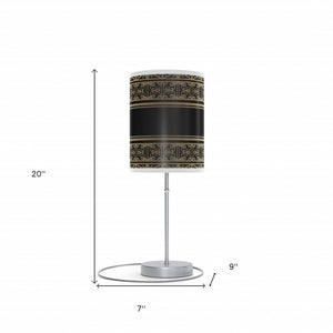 Homeroots 20" Silver Table Lamp With Black And Gold Striped Scroll Cylinder Shade   489258