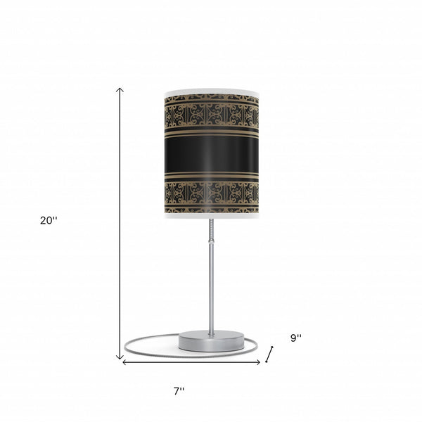 Homeroots 20" Silver Table Lamp With Black And Gold Striped Scroll Cylinder Shade   489258