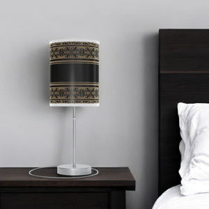 Homeroots 20" Silver Table Lamp With Black And Gold Striped Scroll Cylinder Shade   489258