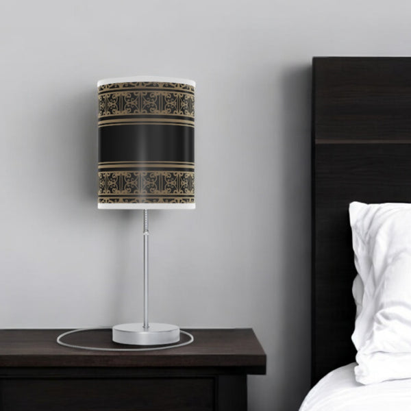 Homeroots 20" Silver Table Lamp With Black And Gold Striped Scroll Cylinder Shade   489258