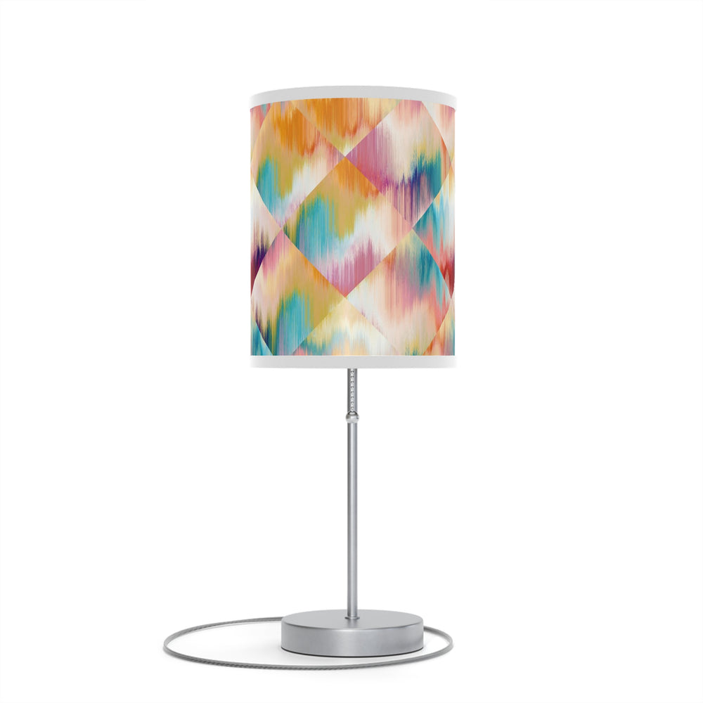 Homeroots 20" Silver Table Lamp With White And Colorful Abstract Ikat Cylinder Shade   489260