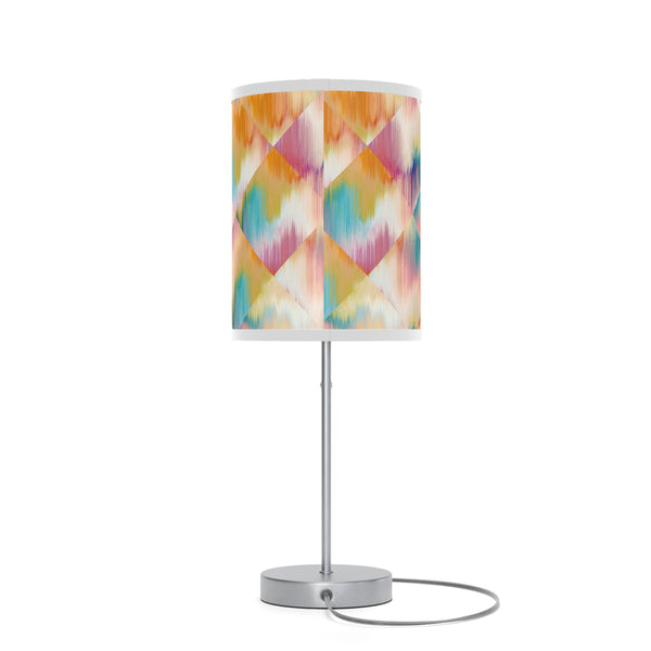 Homeroots 20" Silver Table Lamp With White And Colorful Abstract Ikat Cylinder Shade   489260