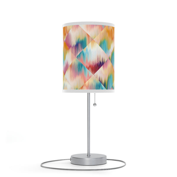 Homeroots 20" Silver Table Lamp With White And Colorful Abstract Ikat Cylinder Shade   489260
