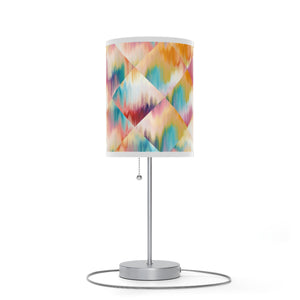 Homeroots 20" Silver Table Lamp With White And Colorful Abstract Ikat Cylinder Shade   489260