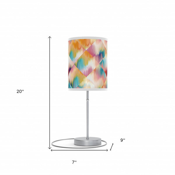 Homeroots 20" Silver Table Lamp With White And Colorful Abstract Ikat Cylinder Shade   489260