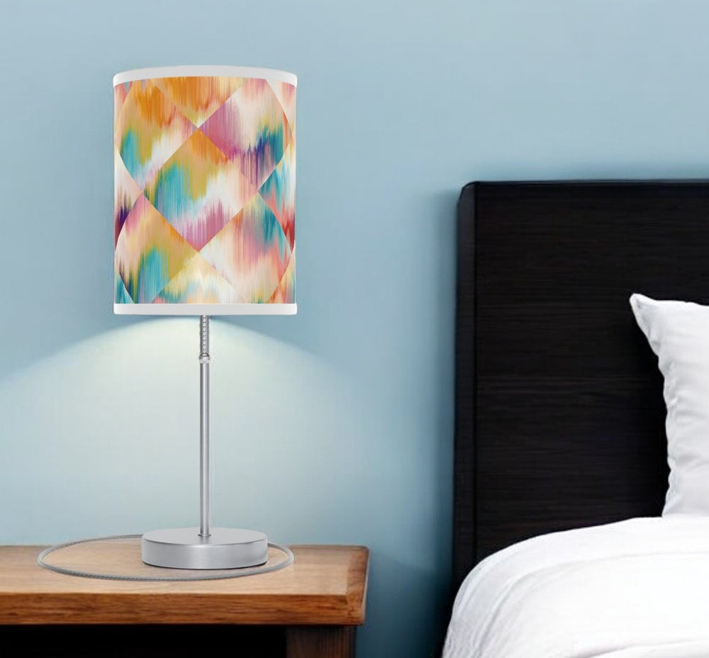 Homeroots 20" Silver Table Lamp With White And Colorful Abstract Ikat Cylinder Shade   489260