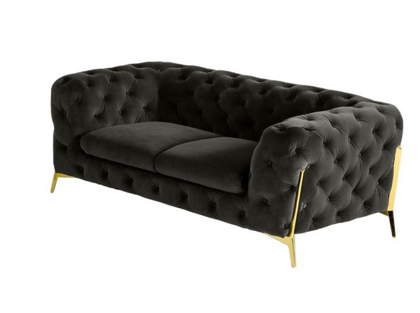 HomeRoots 74" Dark Gray Velour Chesterfield Loveseat with Gold Legs - Luxurious Seating for Modern Spaces 489281
