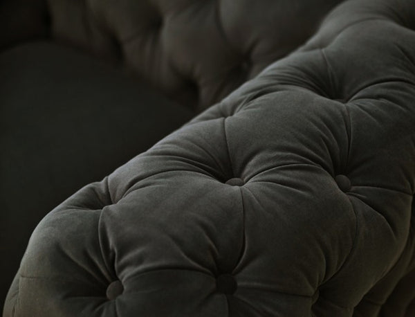 HomeRoots 74" Dark Gray Velour Chesterfield Loveseat with Gold Legs - Luxurious Seating for Modern Spaces 489281