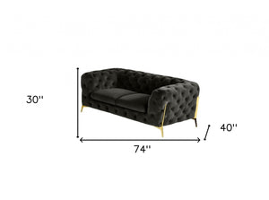 HomeRoots 74" Dark Gray Velour Chesterfield Loveseat with Gold Legs - Luxurious Seating for Modern Spaces 489281