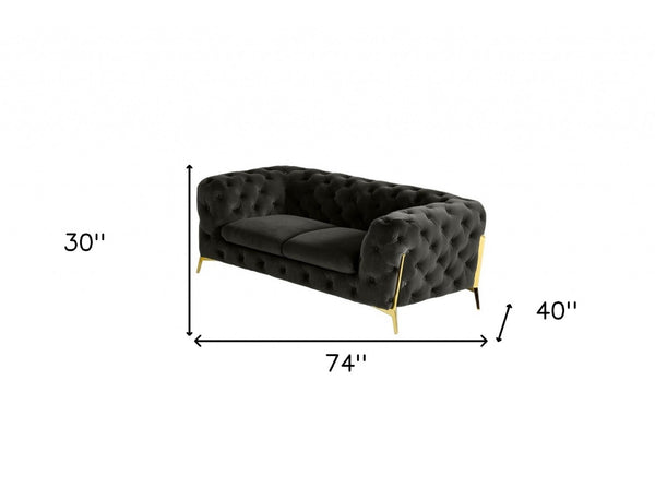 HomeRoots 74" Dark Gray Velour Chesterfield Loveseat with Gold Legs - Luxurious Seating for Modern Spaces 489281