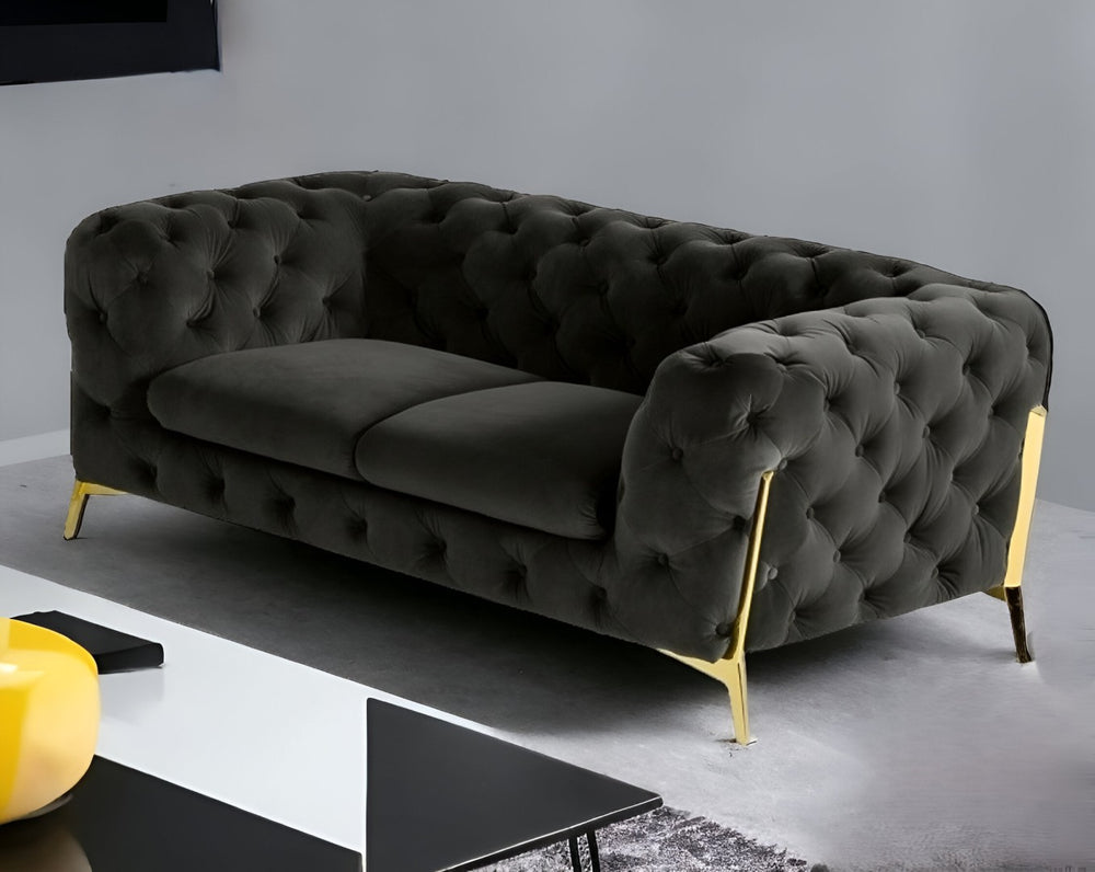 HomeRoots 74" Dark Gray Velour Chesterfield Loveseat with Gold Legs - Luxurious Seating for Modern Spaces 489281