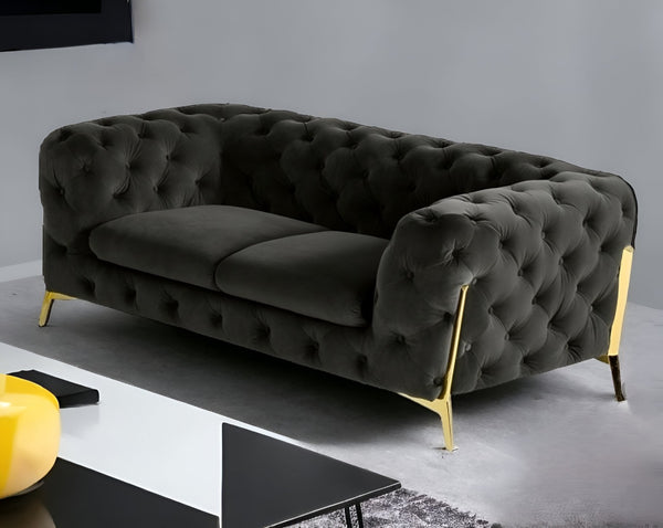 HomeRoots 74" Dark Gray Velour Chesterfield Loveseat with Gold Legs - Luxurious Seating for Modern Spaces 489281